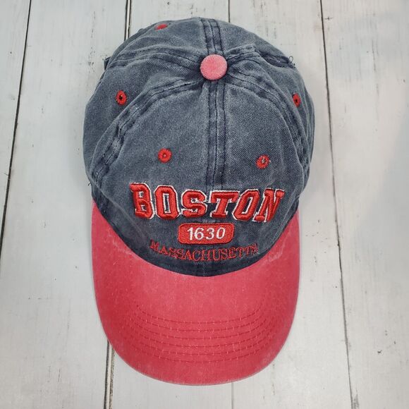 Boston Massachusetts Hat Men’s baseball cap Strapback One Size Denim Red GUC - Picture 5 of 12